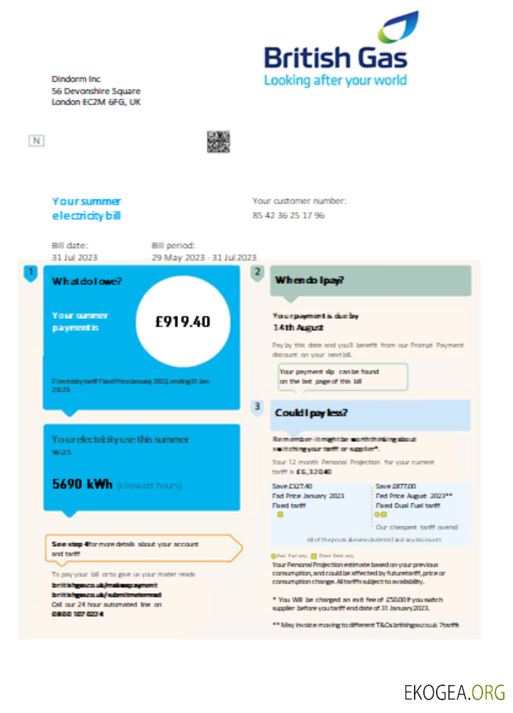 Facture commerciale du service public britannique de gaz et d'électricité SCR